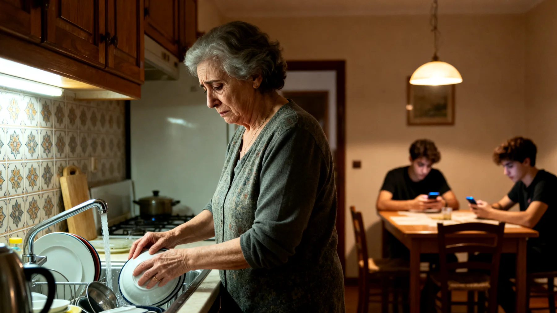 La nonna si sente ignorata e poco rispettata dai nipoti giovani adulti, che evitano di partecipare alle attività domestiche condivise durante le visite, lasciandola sola a gestire tutto mentre loro restano in disparte o sui telefoni."