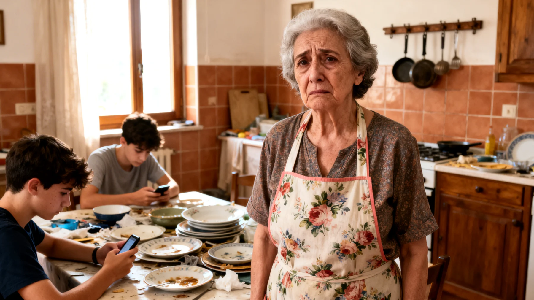 La nonna si sente ignorata e svalutata quando chiede agli adolescenti nipoti di collaborare nelle attività quotidiane come apparecchiare la tavola, riordinare la propria stanza o aiutare in cucina. Le risposte sono spesso silenzi, monosillabi o piccole ribellioni passive che la lasciano stanca e delusa."