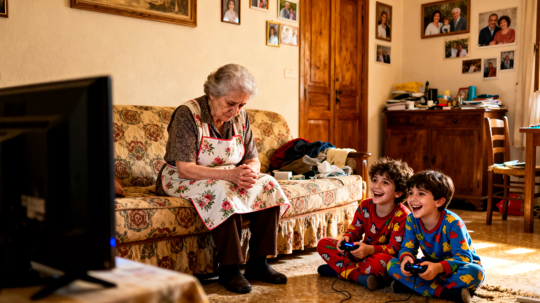 La nonna fatica a gestire i nipoti bambini che trascorrono troppo tempo davanti alla televisione e ai videogiochi durante le ore di accudimento, non riuscendo a proporre attività alternative coinvolgenti e sentendosi ignorata e messa da parte ogni volta che cerca di interagire con loro."