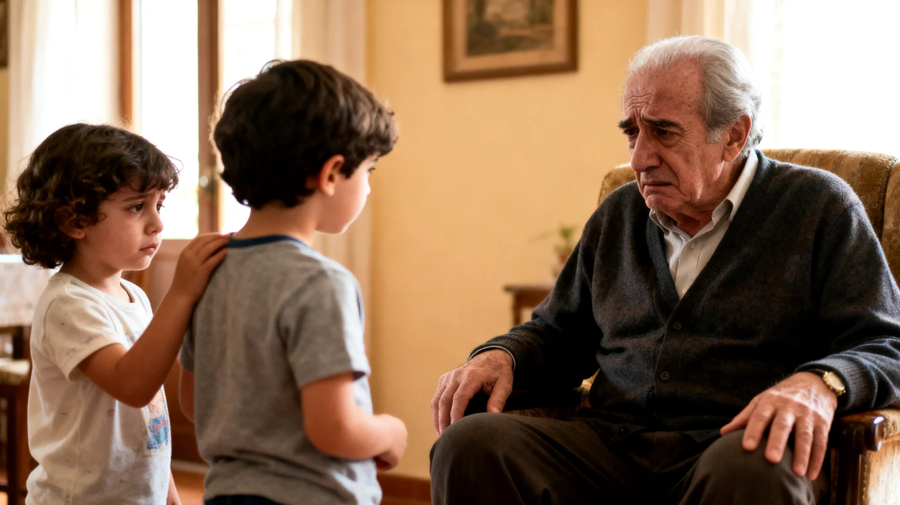 Il nonno osserva con dispiacere che il nipote più piccolo viene spesso escluso dai giochi e dalle attenzioni perché un cuginetto sembra essere il 'preferito' agli occhi degli altri familiari. Il nonno stesso si accorge di fare fatica a distribuire equamente le proprie attenzioni, sentendosi in colpa per eventuali favoritismi inconsapevoli, mentre i bambini sviluppano tra loro tensioni, gelosie e piccoli conflitti per conquistare le sue attenzioni e il suo affetto."