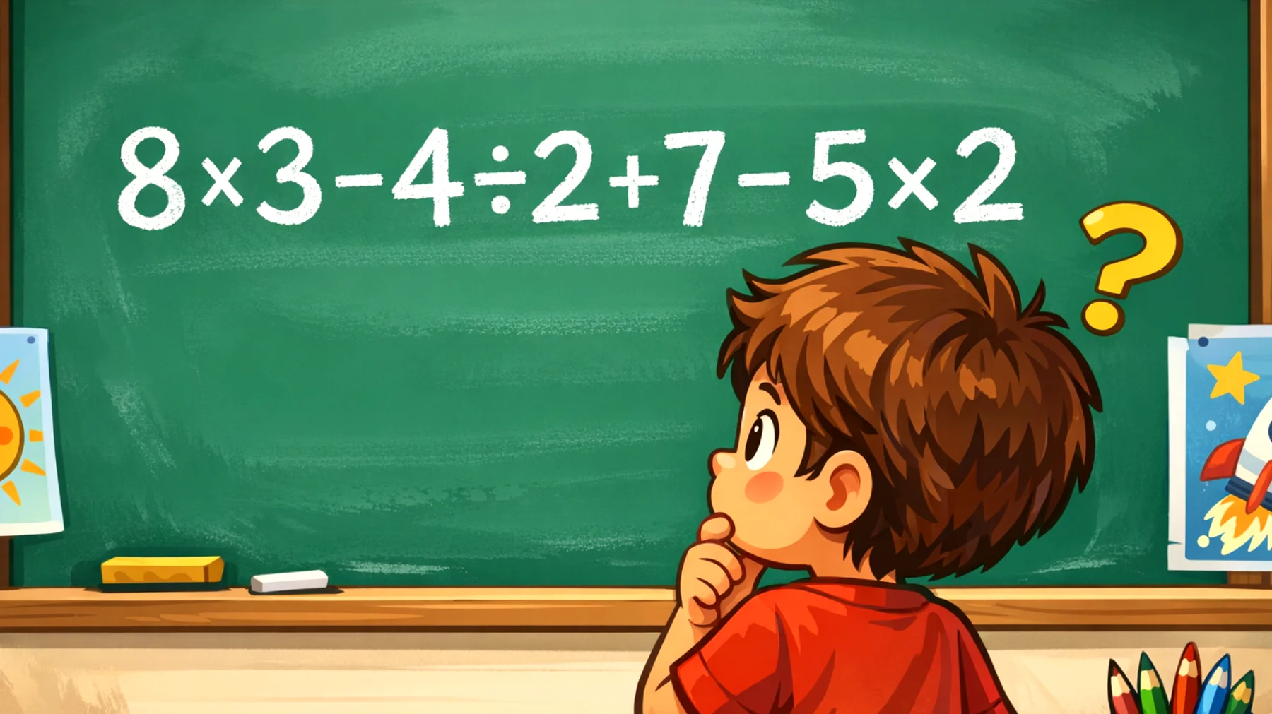 Solo i veri geni risolvono questo calcolo senza sbagliare: tu quanto fai 8×3 − 4÷2 + 7 − 5×2?"