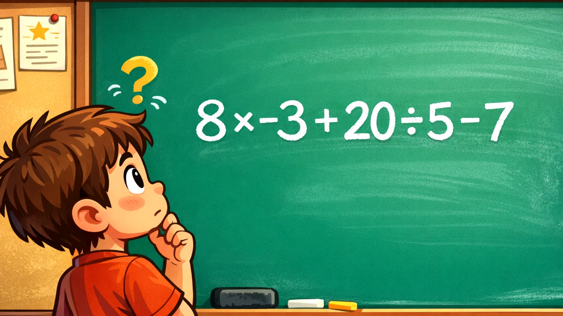 Solo i veri geni risolvono subito: quanto fa 8 × -3 + 20 ÷ 5 - 7? Il 90% sbaglia 😏"